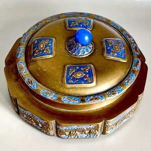 Antique Brass Cloisonne Enamel Chinese Tea Caddy Champleve Round Box Vintage